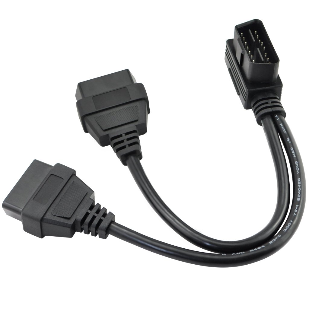 iKKEGOL 30cm/12 Right Angle OBD2 OBD II Y Splitter Cable 1x Male and 2X Female J1962 Port Cord Adapter