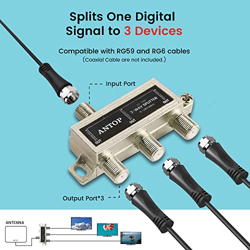 ANTOP 3-Way Coaxial Cable Splitter 2GHz- 5-2050MHz Worked with Satellite, HDTV, Antenna Signal- All Port Power DC Power Passing, Silver Plated and Corrosion Resistant