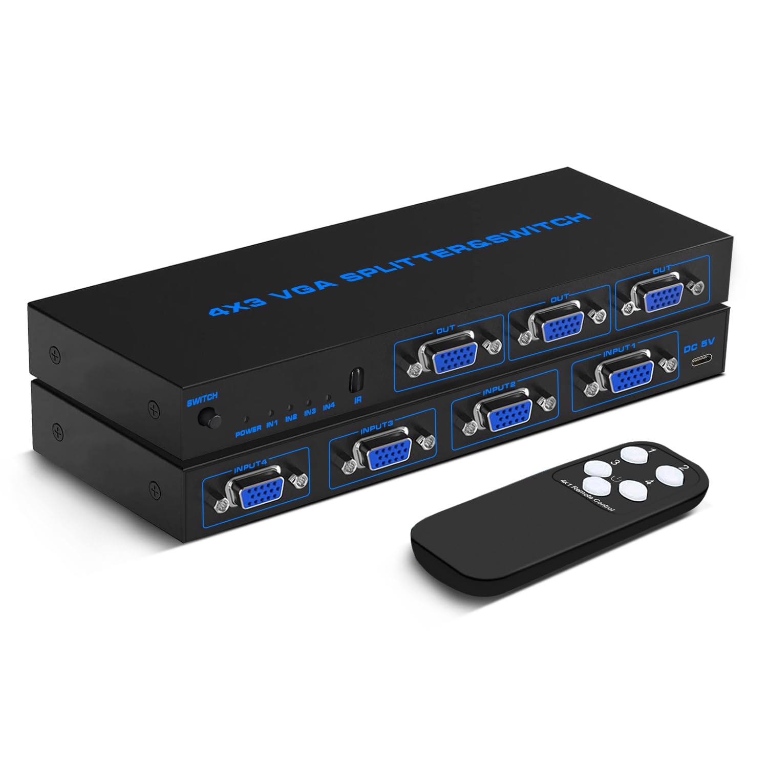 VGA Splitter 4 in 3 out: 4 Port Powered VGA Switch 4 PC to 3 Monitors/Projector with Remote, VGA Video Splitter Box Support 1920x1440 Resolution 200MHz Bandwidth for Screen Duplication