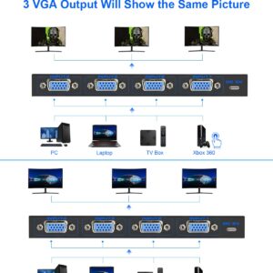 VGA Splitter 4 in 3 out: 4 Port Powered VGA Switch 4 PC to 3 Monitors/Projector with Remote, VGA Video Splitter Box Support 1920x1440 Resolution 200MHz Bandwidth for Screen Duplication