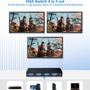 VGA Splitter 4 in 3 out: 4 Port Powered VGA Switch 4 PC to 3 Monitors/Projector with Remote, VGA Video Splitter Box Support 1920x1440 Resolution 200MHz Bandwidth for Screen Duplication