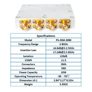 TOJOIN Passive Power Splitter 4 way for SMA Connectors, Coaxial Cable Splitter 2-8GHZ for RF/Microwave Measurements Accessories Splitter Coaxial, Antenna System Corrosion Resistant (PS-4SM-2080)