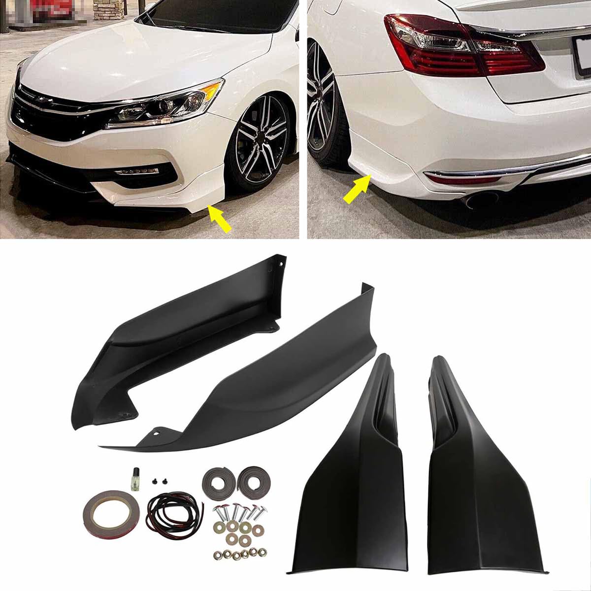 4PCS Front+Rear Bumper Lip Splitter Spoilers Black Compatible with 2016-2017 H0nda Accord 4DR HFP Style Not fit 2DR