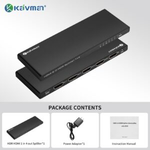 4K HDMI Splitter 1 in 8 Out, KAIVMAN 8 Ports Powered HDMI Splitter 1x8 for Multi Monitors, 4K60Hz 4:4:4 12bit 3D 18Gbps HDMI 2.0 HDCP 2.2 DVI 1.0 Full Supported (1 in 4 Out)