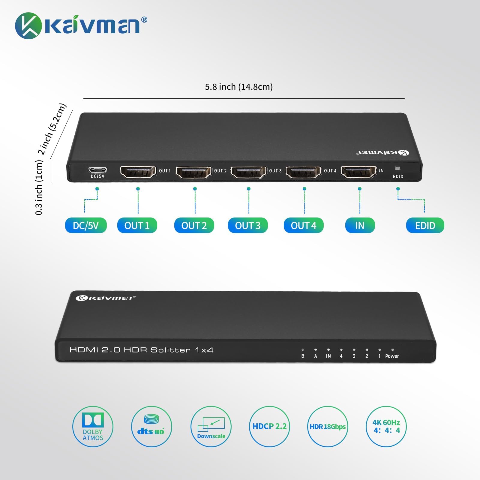 4K HDMI Splitter 1 in 8 Out, KAIVMAN 8 Ports Powered HDMI Splitter 1x8 for Multi Monitors, 4K60Hz 4:4:4 12bit 3D 18Gbps HDMI 2.0 HDCP 2.2 DVI 1.0 Full Supported (1 in 4 Out)