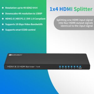 4K HDMI Splitter 1 in 8 Out, KAIVMAN 8 Ports Powered HDMI Splitter 1x8 for Multi Monitors, 4K60Hz 4:4:4 12bit 3D 18Gbps HDMI 2.0 HDCP 2.2 DVI 1.0 Full Supported (1 in 4 Out)