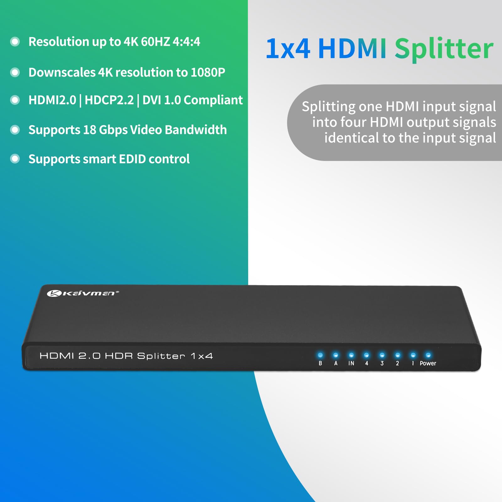 4K HDMI Splitter 1 in 8 Out, KAIVMAN 8 Ports Powered HDMI Splitter 1x8 for Multi Monitors, 4K60Hz 4:4:4 12bit 3D 18Gbps HDMI 2.0 HDCP 2.2 DVI 1.0 Full Supported (1 in 4 Out)