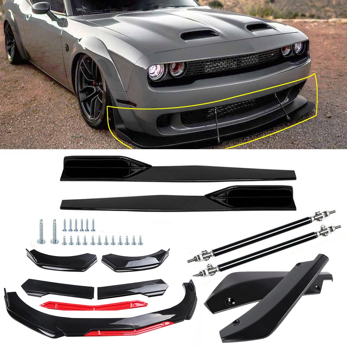 Front Bumper Lip Splitter Spoiler + Strut Rods Bright Glossy Black+Red Polyurethane Fit for Do-dge Challenger SRT SXT RT (Glossy Black spoilder Lip)