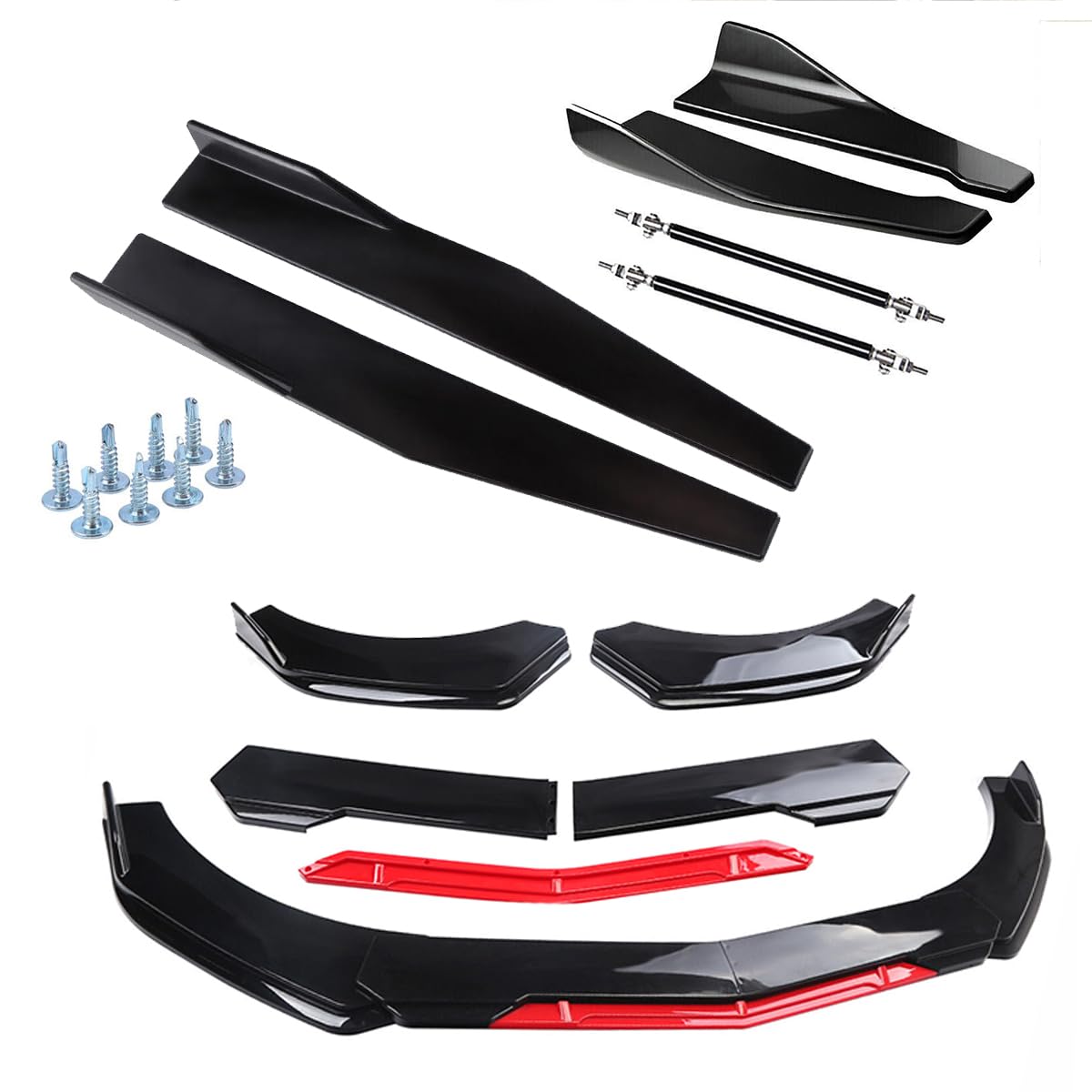 Front Bumper Lip Splitter Spoiler + Strut Rods Bright Glossy Black+Red Polyurethane Fit for Do-dge Challenger SRT SXT RT (Glossy Black spoilder Lip)