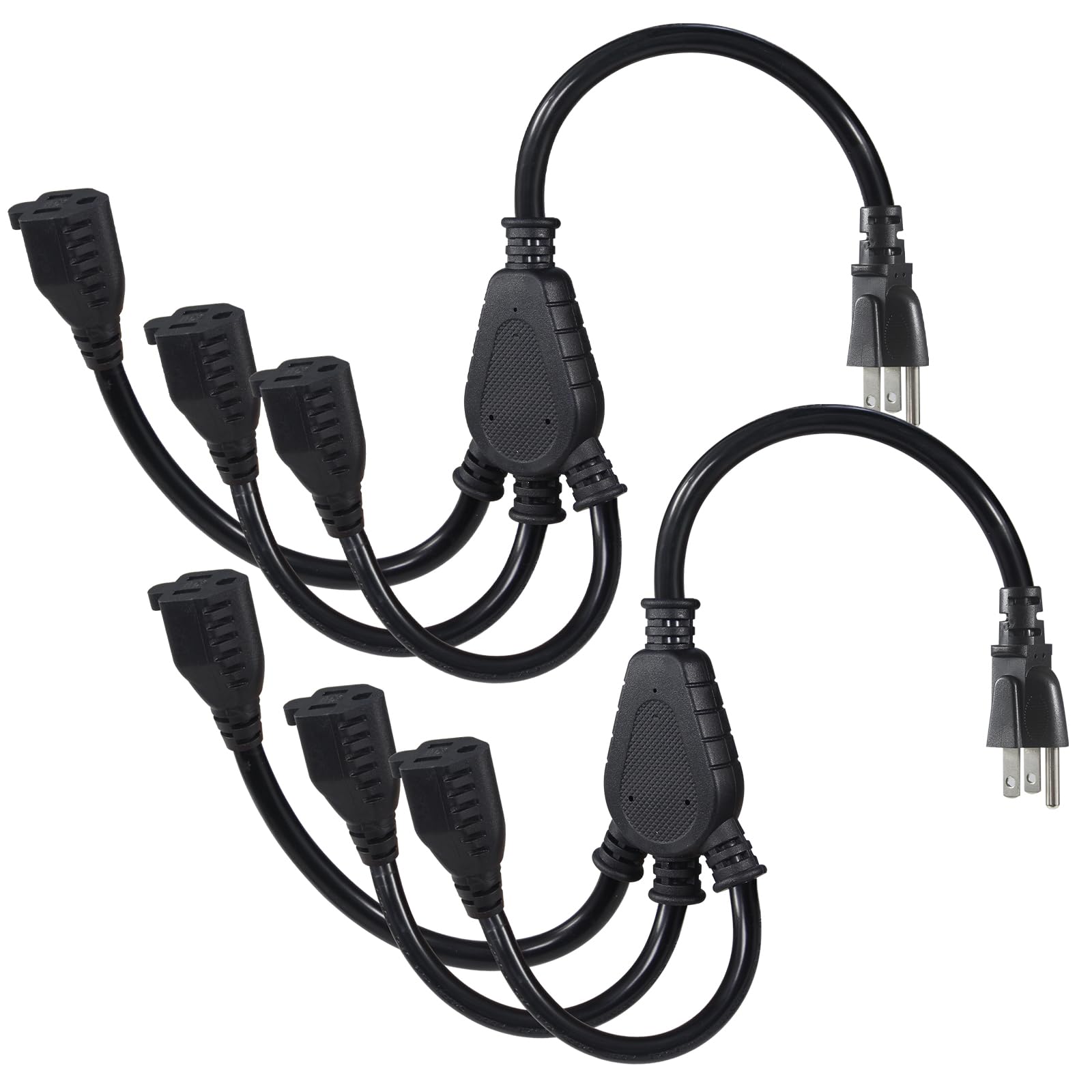 KUNCAN 3-Outlet Splitter Extension Cord - 3 Prong 1 to 3 Way Power Splitter Extension Cable, 1FT 16AWG 13A/1625W, NEMA 5-15P to 3*NEMA 5-15R Y Style Extension Cord (Black 2-Pack)