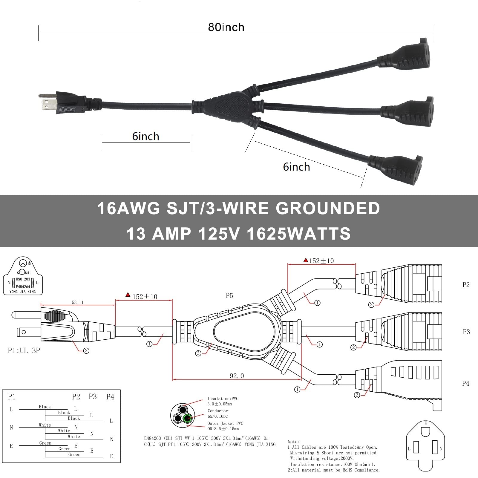 KUNCAN 3-Outlet Splitter Extension Cord - 3 Prong 1 to 3 Way Power Splitter Extension Cable, 1FT 16AWG 13A/1625W, NEMA 5-15P to 3*NEMA 5-15R Y Style Extension Cord (Black 2-Pack)