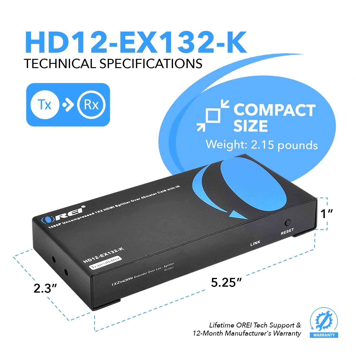 OREI 1X2 HDMI Extender Splitter Over Single CAT6/7 Cable Uncompressed 1080P with IR Remote EDID - Up to 132 Ft - Loop Out - Low Latency - 1 Input 2 Output 2 Channel Transmission