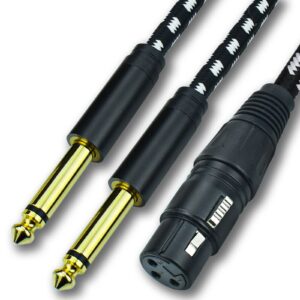 mugteeve xlr female to dual 1/4 splitter cable, 3.3feet female xlr to double quarter inch ts mono breakout y cable, heavy duty nylon braided, ofc shielded, for mixer, studio monitor, audio interface