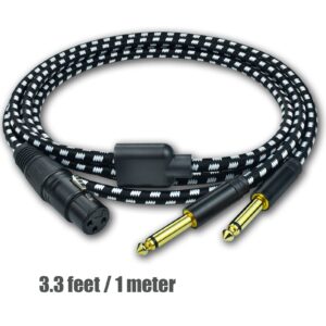 Mugteeve XLR Female to Dual 1/4 Splitter Cable, 3.3Feet Female XLR to Double Quarter Inch TS Mono Breakout Y Cable, Heavy Duty Nylon Braided, OFC Shielded, for Mixer, Studio Monitor, Audio Interface