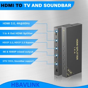 4 Way HDMI Splitter 1 in 4 Out 4K@60Hz/1080P@120Hz, HBAVLINK 4K HDMI Splitter 1x4 3D w/Cable+AC Adapter, HDMI to Multi TV + Audio Extractor to HDMI Soundbar for PS5/PS4/Fire Stick/Roku/Apple TV/NVR