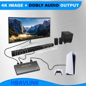 4 Way HDMI Splitter 1 in 4 Out 4K@60Hz/1080P@120Hz, HBAVLINK 4K HDMI Splitter 1x4 3D w/Cable+AC Adapter, HDMI to Multi TV + Audio Extractor to HDMI Soundbar for PS5/PS4/Fire Stick/Roku/Apple TV/NVR