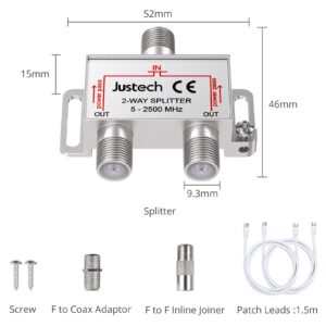 Justech 2 Way Coaxial Cable Splitter 5-2500MHz Frequency Range with 2 Cable for Sky Box CATV, Satellite TV, MoCA Configurations Telewest Eurovox Starview Dreambox