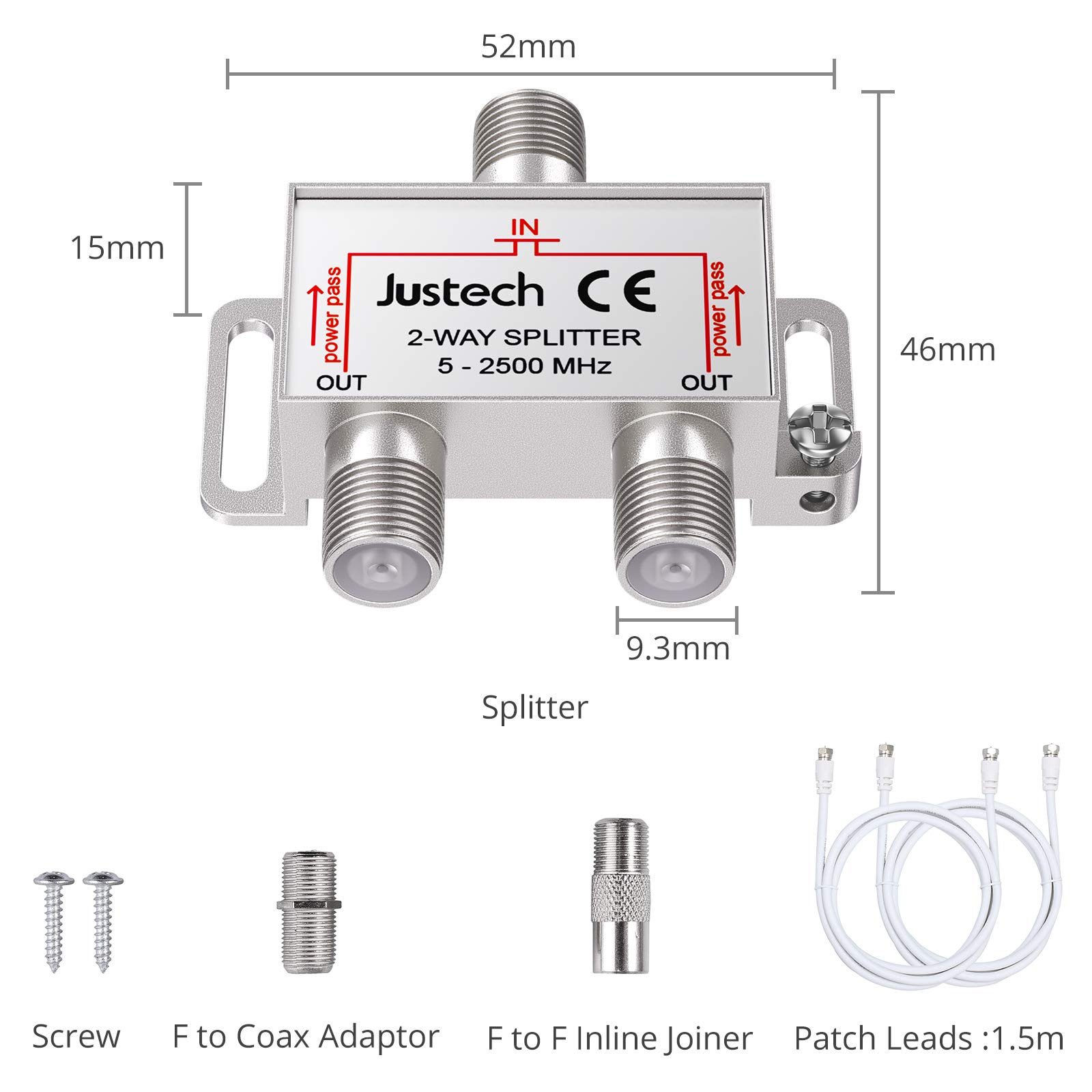 Justech 2 Way Coaxial Cable Splitter 5-2500MHz Frequency Range with 2 Cable for Sky Box CATV, Satellite TV, MoCA Configurations Telewest Eurovox Starview Dreambox