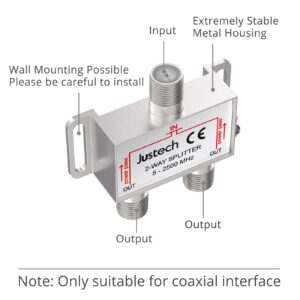 Justech 2 Way Coaxial Cable Splitter 5-2500MHz Frequency Range with 2 Cable for Sky Box CATV, Satellite TV, MoCA Configurations Telewest Eurovox Starview Dreambox