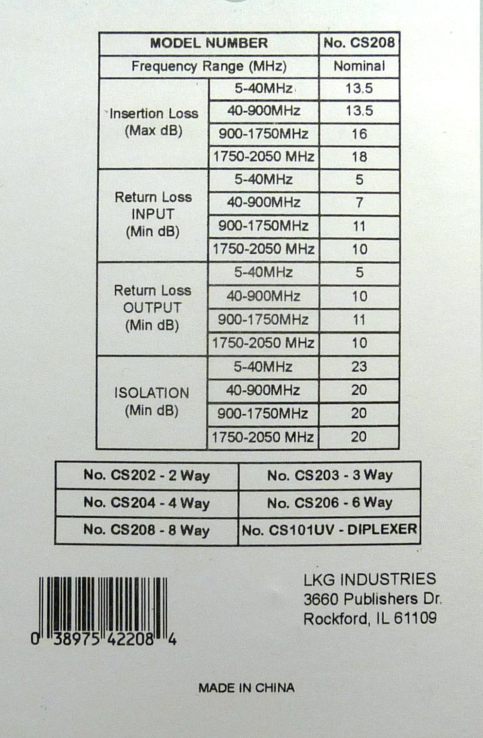 Philmore 2GHZ High "Q" 8-Way Low Loss Coaxial Satellite TV Signal Splitter With Weather Caps, Commercial Grade; CS208