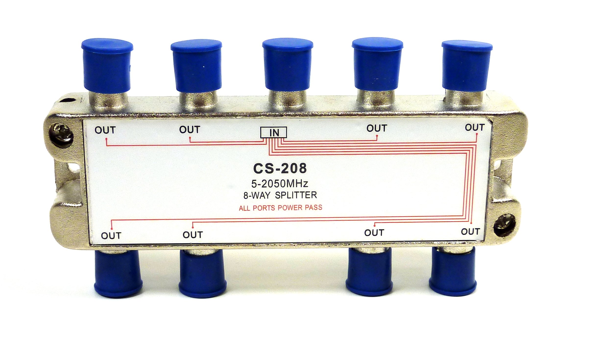 Philmore 2GHZ High "Q" 8-Way Low Loss Coaxial Satellite TV Signal Splitter With Weather Caps, Commercial Grade; CS208