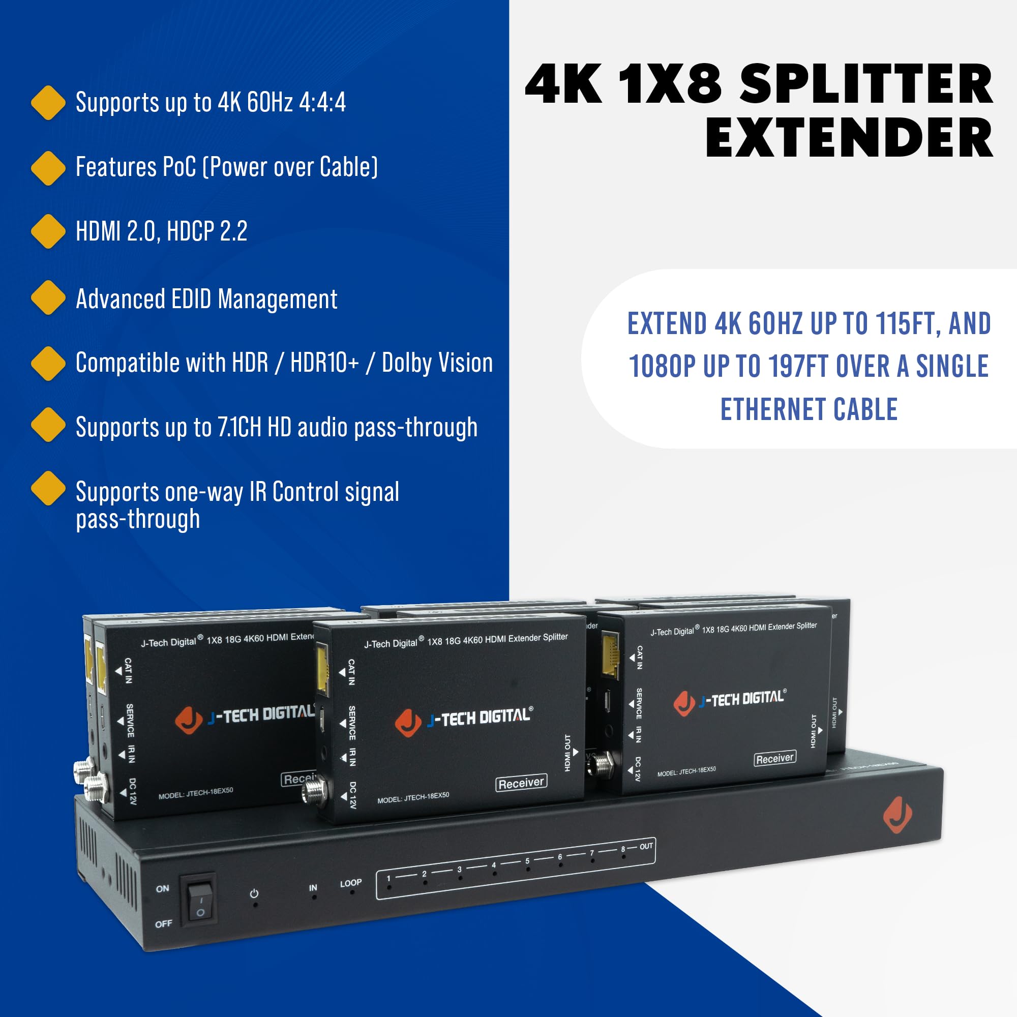 HDMI 2.0 4K Extender Splitter Over Single Cable CAT6 with PoC Up to 196 FT 1-in 8-Out w/Local Loop Output & Low Latency by J-Tech Digital [JTECH-18EX50]