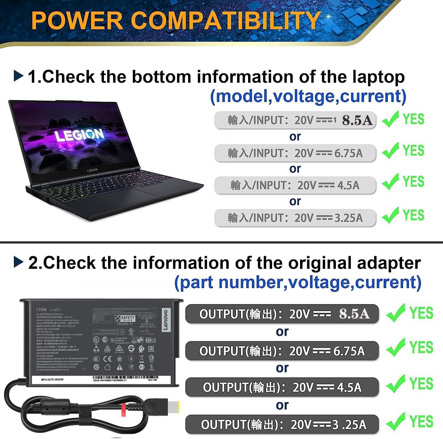 170W AC Laptop Charger for Lenovo ThinkPad P73 P50 P51 P52 W540 W541 P15v P16v T15p, for Lenovo Legion Y7000 Y540 Y545 Y720 Y730 ADL170SCC3A SA10R16886 20V 8.5A Power Supply Adapter