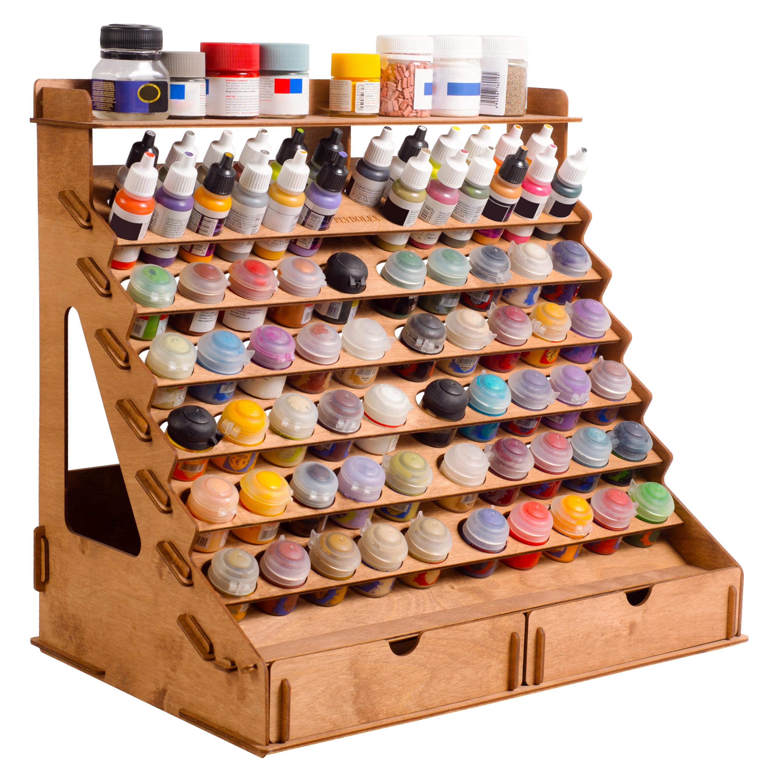 Plydolex Wooden Paint Organizer for 74 Bottles of Paints and 14 Paint Brushes - Paint Rack with 2 Cabinets for Art Tools and 6 Miniature Stands - Modular Paint Rack for Miniature Paint Set