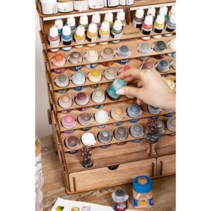 Plydolex Wooden Paint Organizer for 74 Bottles of Paints and 14 Paint Brushes - Paint Rack with 2 Cabinets for Art Tools and 6 Miniature Stands - Modular Paint Rack for Miniature Paint Set