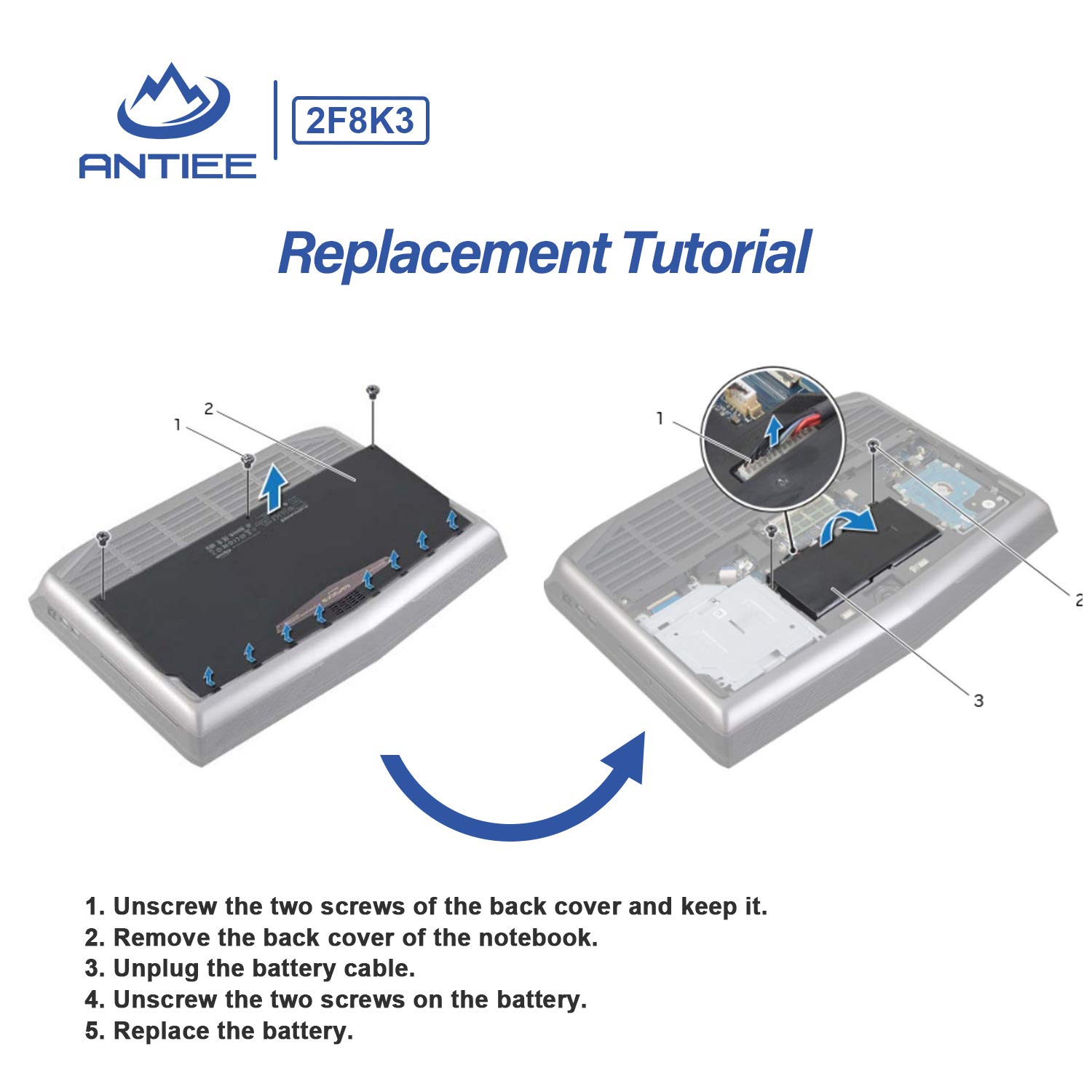 ANTIEE 2F8K3 Laptop Battery for Dell Alienware 17 R1 17X M17X-R5, Alienware 18 R1 18X M18X-R3 Series P18E P18E001 P19E P19E001 02F8K3 G33TT KJ2PX 0KJ2PX 0G33TT 0NU209 451-BBCB 86Wh - with Tools
