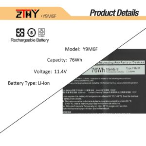 ZTHY Y9M6F Laptop Battery Replacement for Dell Alienware M15 R2 P87F Alienware M17 R2 P41E Series 0Y9M6F 8K84V 08K84V P41E001 P87F001 11.4V 76Wh 6334mAh