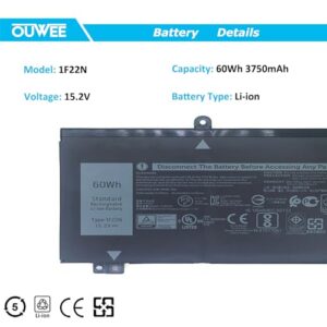 OUWEE 1F22N Laptop Battery for Dell Alienware M15 R1 M17 R1, G5 15 5590 5590-D2783W 5590-D2743B D2842W D2843W D2865B G7 7590 D2785B ALW15M-D1523S, fit for JJPFK 0JJPFK 06YV0V HYWXJ 0HYWXJ 15.2V 60WH