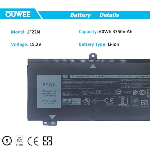 OUWEE 1F22N Laptop Battery for Dell Alienware M15 R1 M17 R1, G5 15 5590 5590-D2783W 5590-D2743B D2842W D2843W D2865B G7 7590 D2785B ALW15M-D1523S, fit for JJPFK 0JJPFK 06YV0V HYWXJ 0HYWXJ 15.2V 60WH