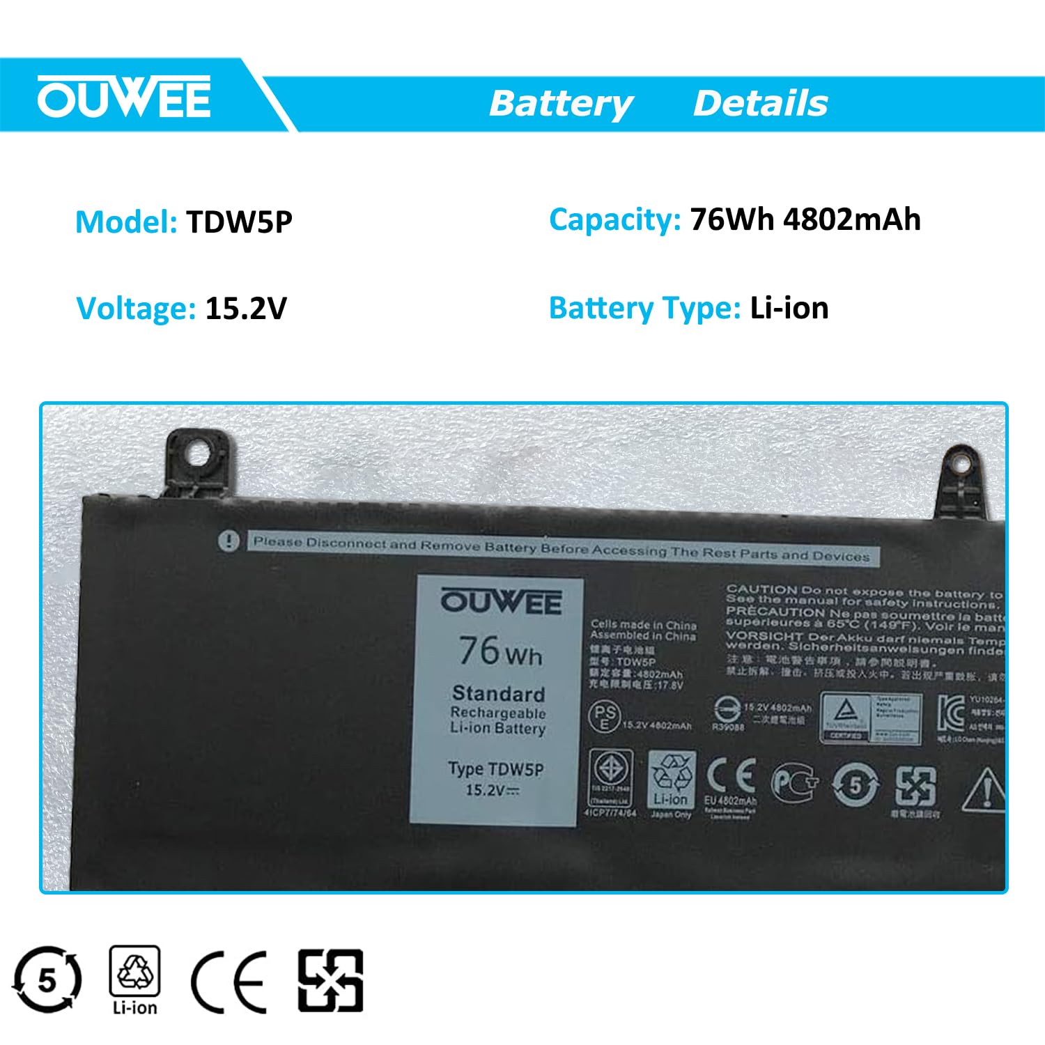 OUWEE TDW5P Laptop Battery Compatible with Dell Alienware 13 R3 ALW13C D1738 D2718 D2728 D2738 D2838 D2508 D2503S D2506S D2715S Series V9XD7 0V9XD7 04RRR3 0JFWX7 15.2V 76Wh 4840mAh