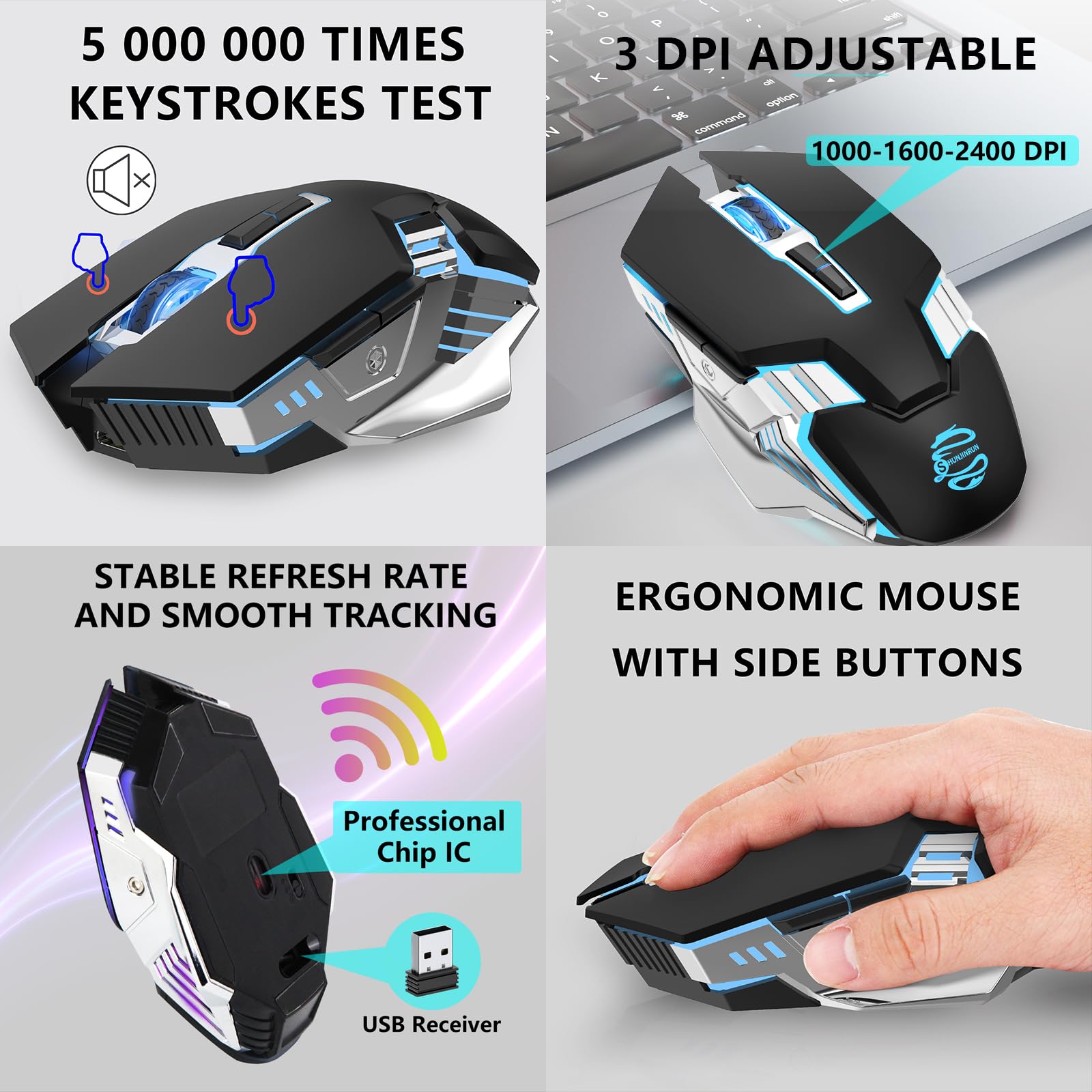 Wireless Gaming Mouse Bluetooth Mouse, RGB Rechargeable Multi Device Mouse, Quiet Click, 7-Color Backlit, LED Light up Computer Mice for Laptop PC iPad Tablet MacBook Chromebook Office Games - Black