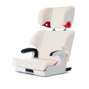 clek oobr high back booster seat with adjustable headrest, reclining design, latch system, and retardant-free fabric, snow