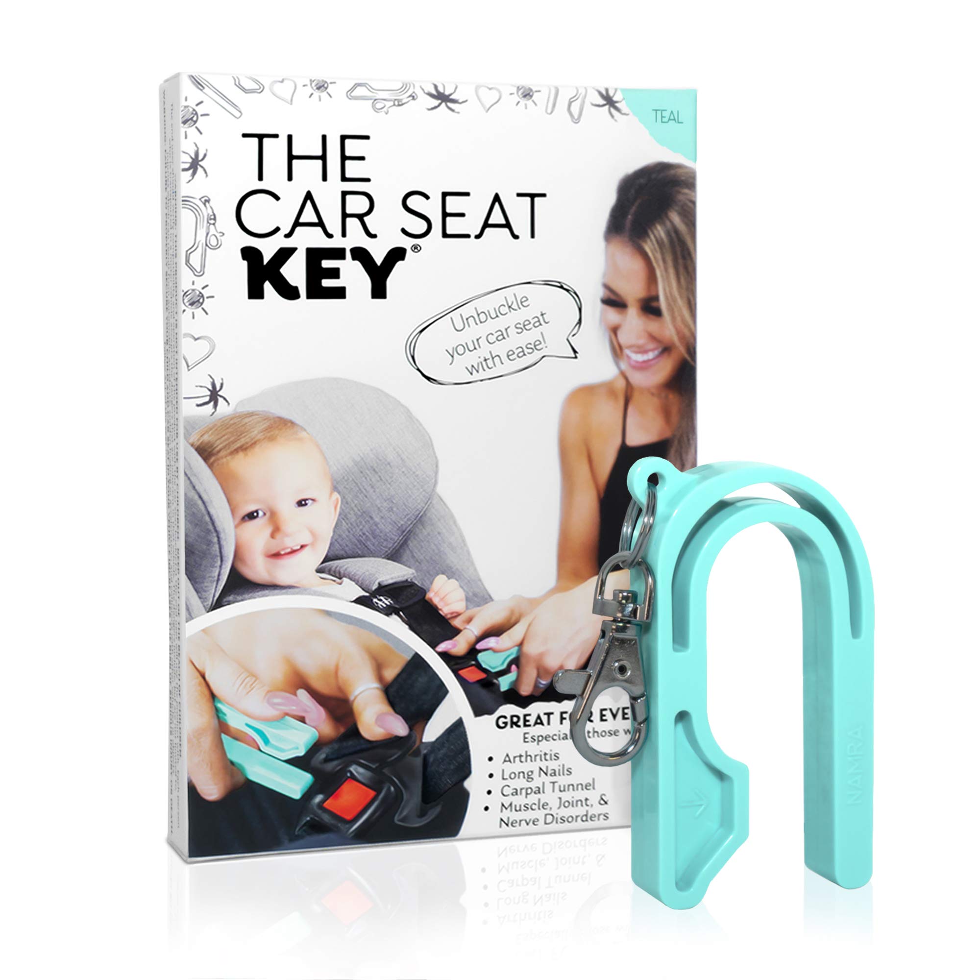 The Car Seat Key - Original Car Seat Key Chain Buckle Release Tool - Easy Unbuckle Opener Aid for Nails, Parents, Grandparents & Older Children by NAMRA Made in USA (Teal)