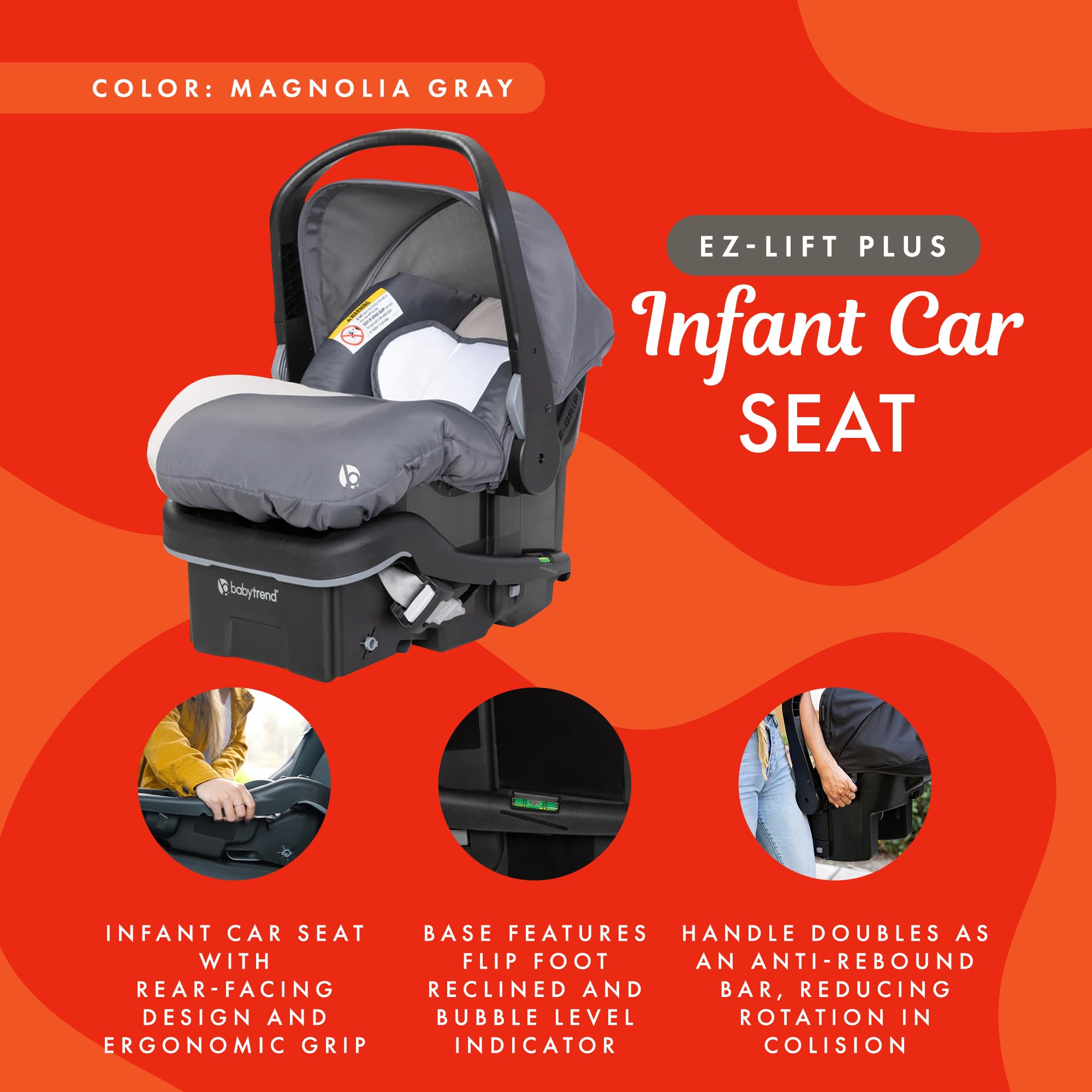 Baby Trend EZ Lift 35 Plus Ergonomic Lightweight Rear Facing Infant Car Seat with Multi-Position Base and Cozy Cover, Magnolia Gray