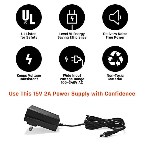 UL Listed 15V 2A Power Supply, 100-240V AC to 15VDC 2000mA Wall Charger Replacement Adapter with 5.5mm x 2.1mm /2.5mm, 3.5 x 1.35mm, 4.8mm x 1.7mm Output Jack for AIMTOM SPS-155 and Small Electronics