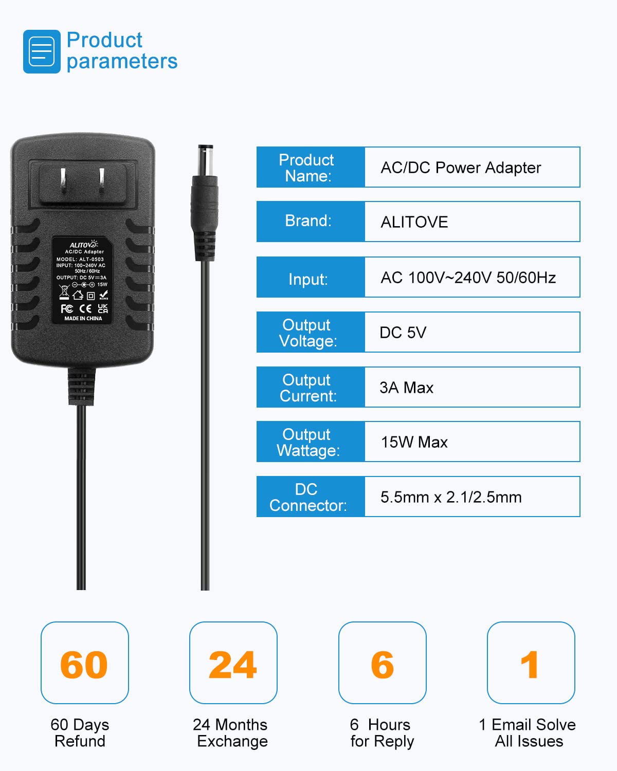 ALITOVE 5V 3A 15W AC 100V~240V to DC Power Supply Adapter Converter 5.5X 2.5mm 5.5x2.1mm Plug for WS2812B WS2811 WS2801 SK6812 LED Pixel Strip Light CCTV Camera Security System