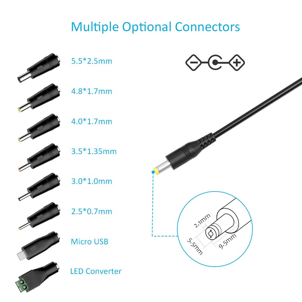 Belker 24W Universal AC/DC Adapter Multi-Voltage Regulated Switching Power Supply with 9 Selectable Adapter Plugs for 3V 4.5V 5V 6V 7.5V 9V 12V Household Electronics - 2Amps Max.