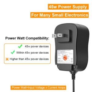 POWSEED 45W Universal AC Adapter 5V 6V 7.5V 9V 13.5V 15V Switching wall cord Charger W/USB Port for IP Cameras Tablets Cellphones Routers Speakers Webcam HUB etc. 3000mA Max 5V 2.4A