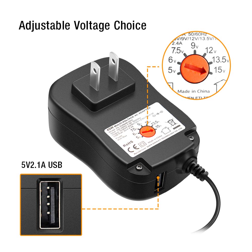 POWSEED 45W Universal AC Adapter 5V 6V 7.5V 9V 13.5V 15V Switching wall cord Charger W/USB Port for IP Cameras Tablets Cellphones Routers Speakers Webcam HUB etc. 3000mA Max 5V 2.4A