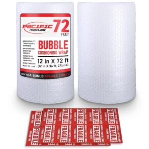 Bubble Cushioning Wrap Pacific Mailer 5/16 Inch x 12 Inch x 72Feet Total [2 Rolls of 36 Feet] Bubble Cushioning Wrap for Packing Moving Supplies Perforated Every 12"