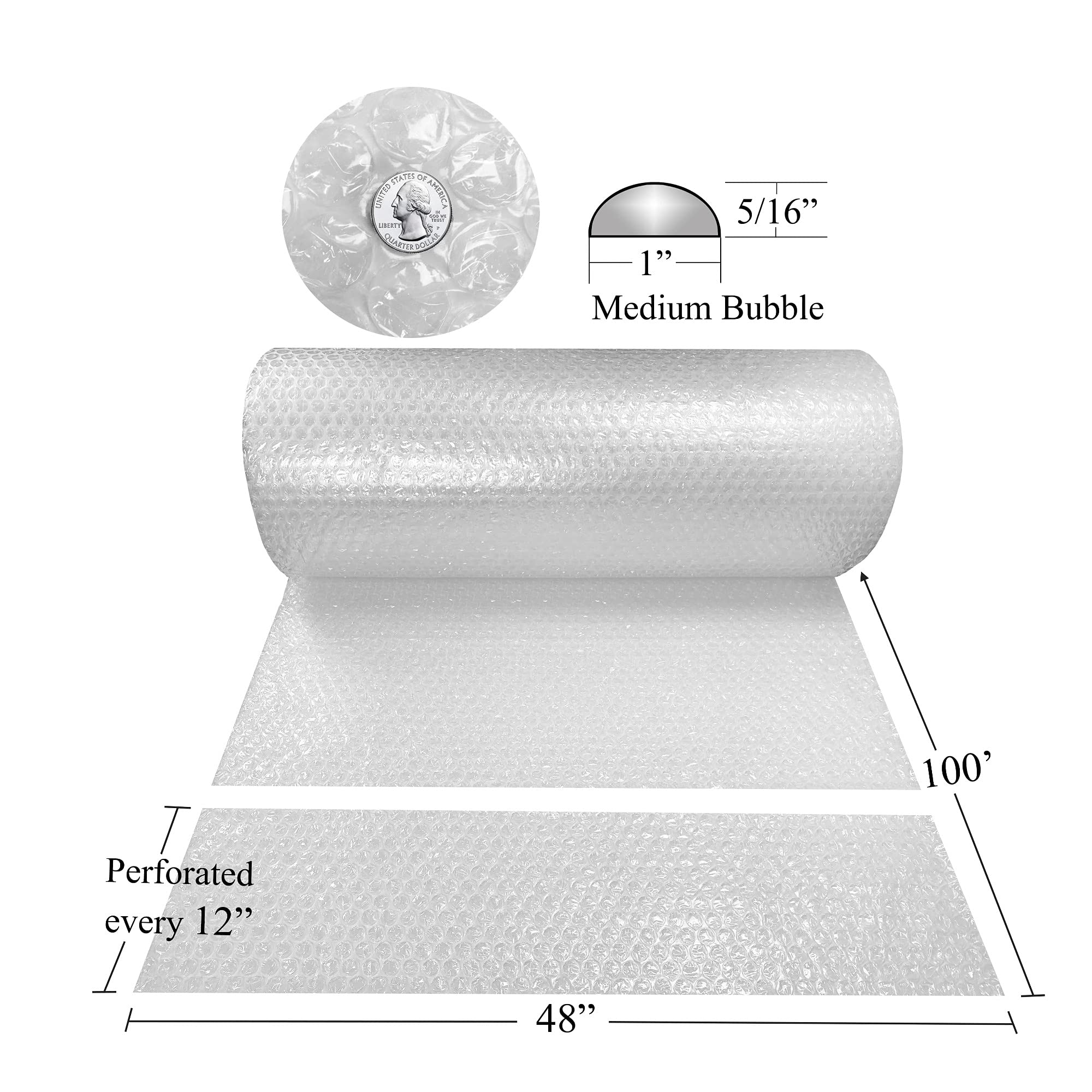 uBoxes Medium Bubble Cushioning Roll 48" Wide x 100 ft - Medium Bubbles 5/16", Clear, (BUBBMED48100)