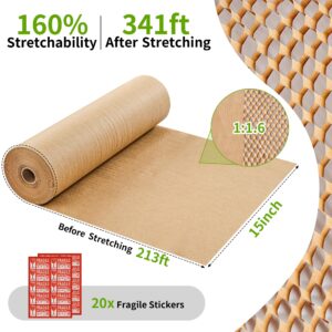 JARLINK Honeycomb Packing Paper, 15"x 213' Bubble Packing Wrap for Packing/Shipping/Moving, Eco-Friendly Bubble Packing Paper Wrapping Roll, Recyclable Moving Supplies With 20 Fragile Sticker Labels