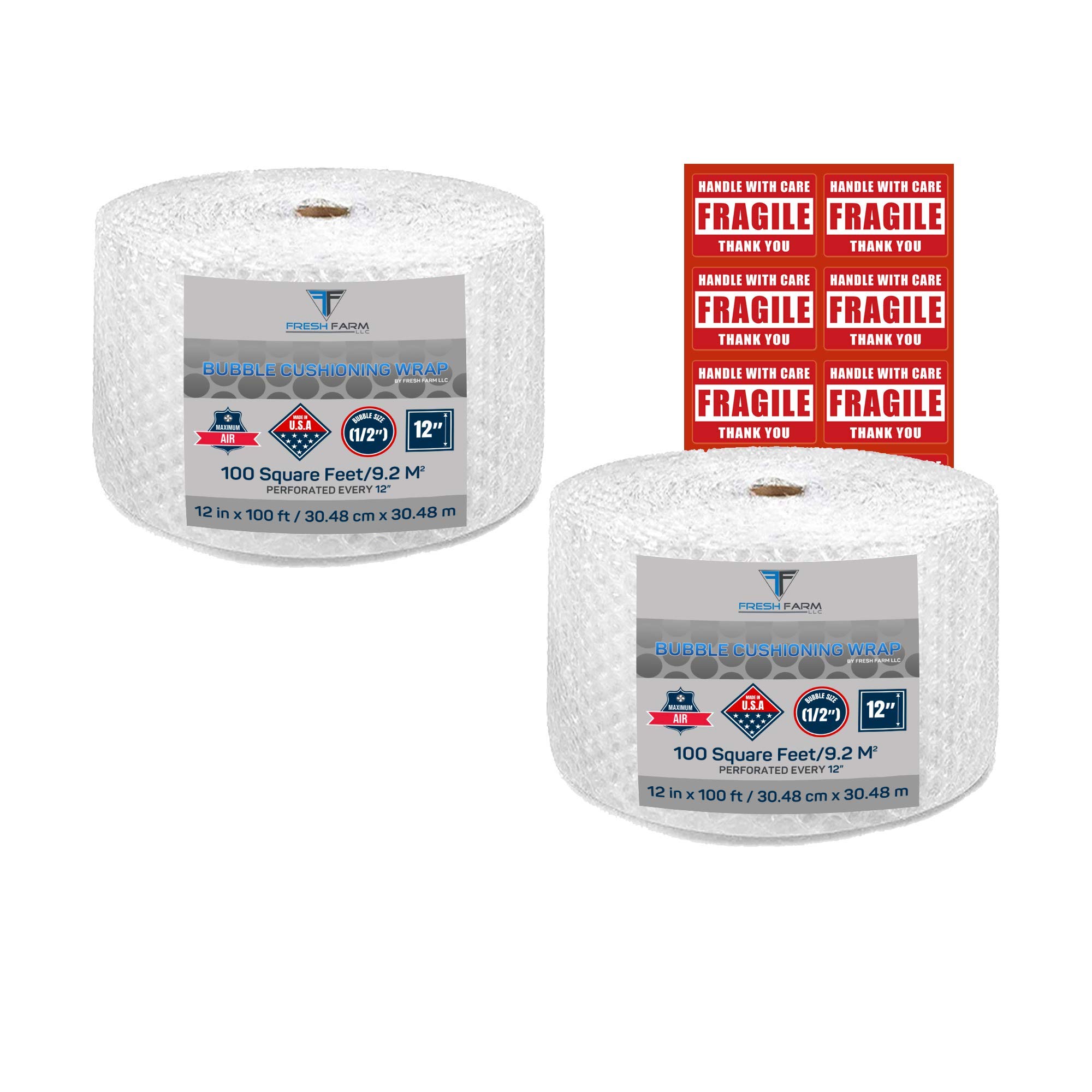 Bubble cushioning wrap 200 ft² (2 Rolls of 100 ft x 12" Wide) 1/2" Large Bubble- Perforated Every 12''- With 10 Fragile stickers by Fresh Farm LLC