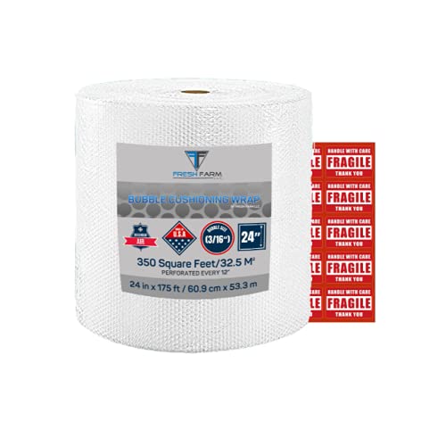 Bubble Cushioning wrap 350 ft² x 24'' Wide - 3/16" Small Bubble - Perforated Every 12''- with 10 Fragile Stickers by Fresh Farm LLC