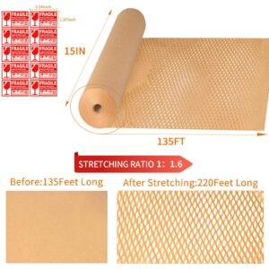 Honeycomb Packaging Paper, 15" x 135' Packing Paper Recyclable Moving Supplies Bubble Cushion Wrapping Paper for Packing Moving Shipping Protective Roll for Protecting Fragile Items