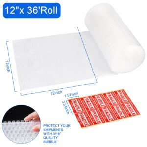 2-pack Bubble Cushioning Wrap Rolls, 3/16" x 12" x 72' ft Total Bubble Packing Wrap,Cushioning Rolls Packing Supplies Perforated Everv 12 ",with 20 Fragile Stickers for Packing Moving Shipping